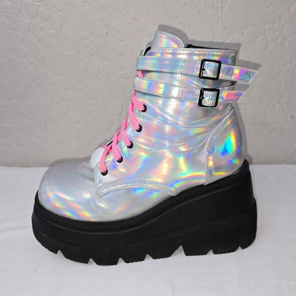 Demonia Shaker 52 Platform Holographic Goth Boots Women's Size 12 - Picture 6 of 11